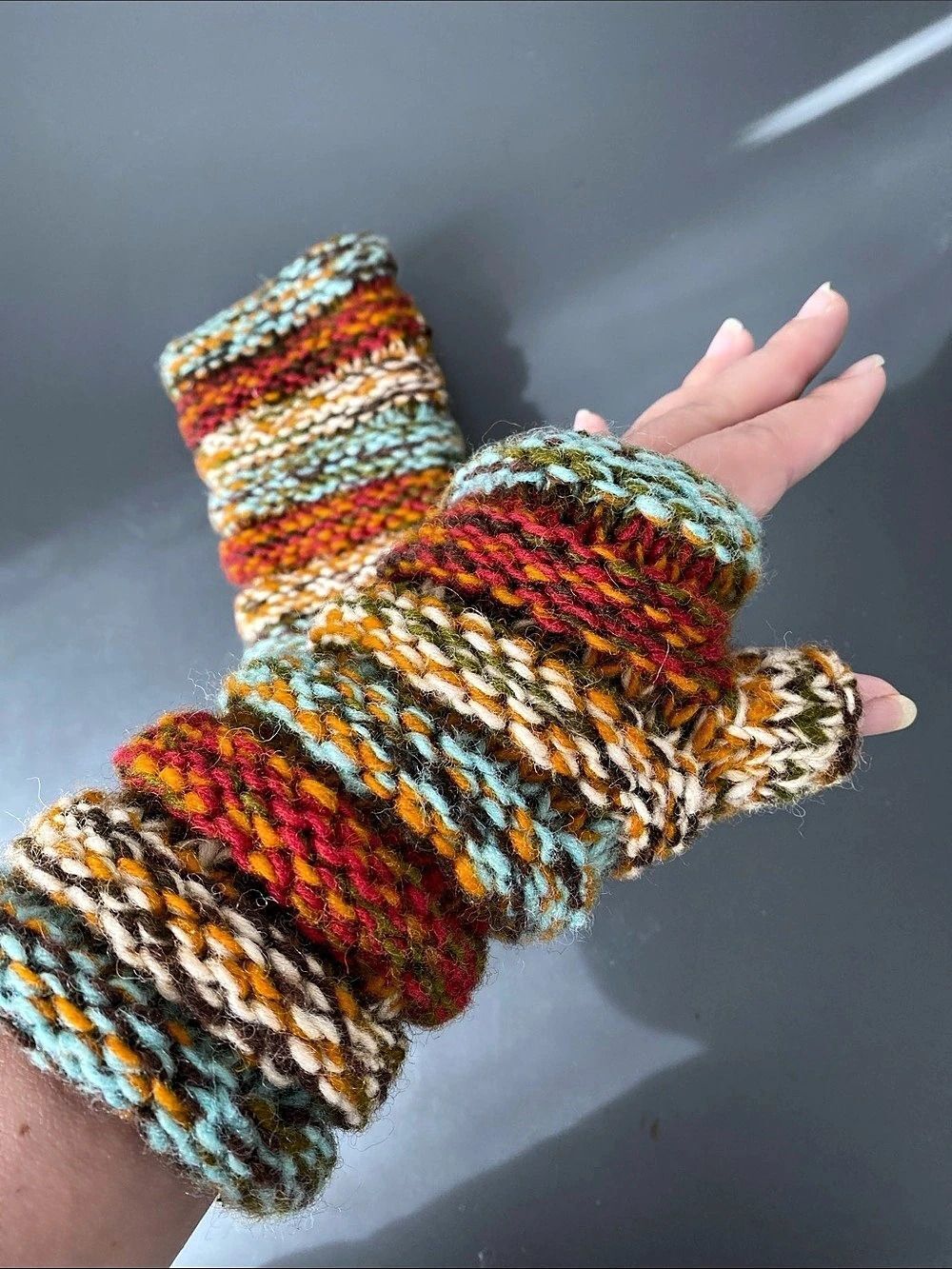 Hand-Knit Wool Fingerless Gloves Multicolor OS Boho Cottage Eclectic Art to Wear